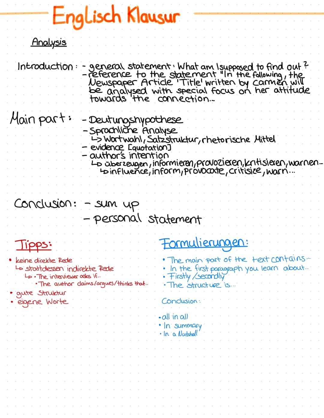 Englisch Klausur
Analysis
Introduction:
▸
Main part: -Deutungshypothese
-Sprachliche Analyse
- evidence Cquotation]
author's intention
- gen