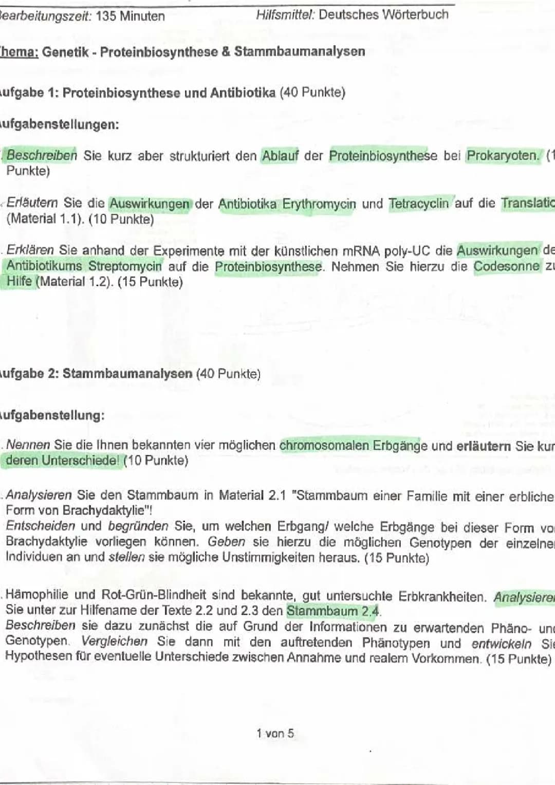  Genetik Proteinbiosynthese genetischer Code Stammbaumanalyse Klausur