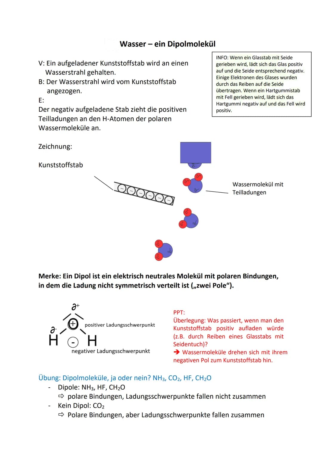 V: Ein aufgeladener Kunststoffstab wird an einen
Wasserstrahl gehalten.
B: Der Wasserstrahl wird vom Kunststoffstab
angezogen.
E:
Der negati