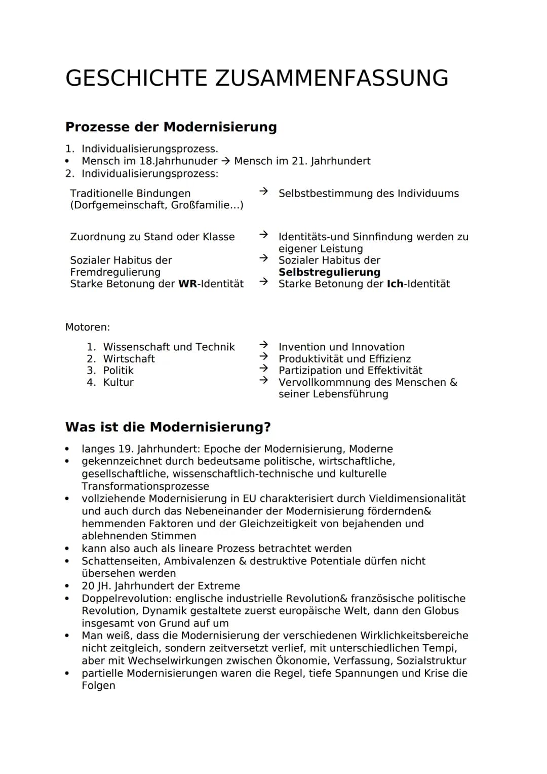 GESCHICHTE ZUSAMMENFASSUNG
Prozesse der Modernisierung
1. Individualisierungsprozess.
Mensch im 18.Jahrhunuder → Mensch im 21. Jahrhundert
2