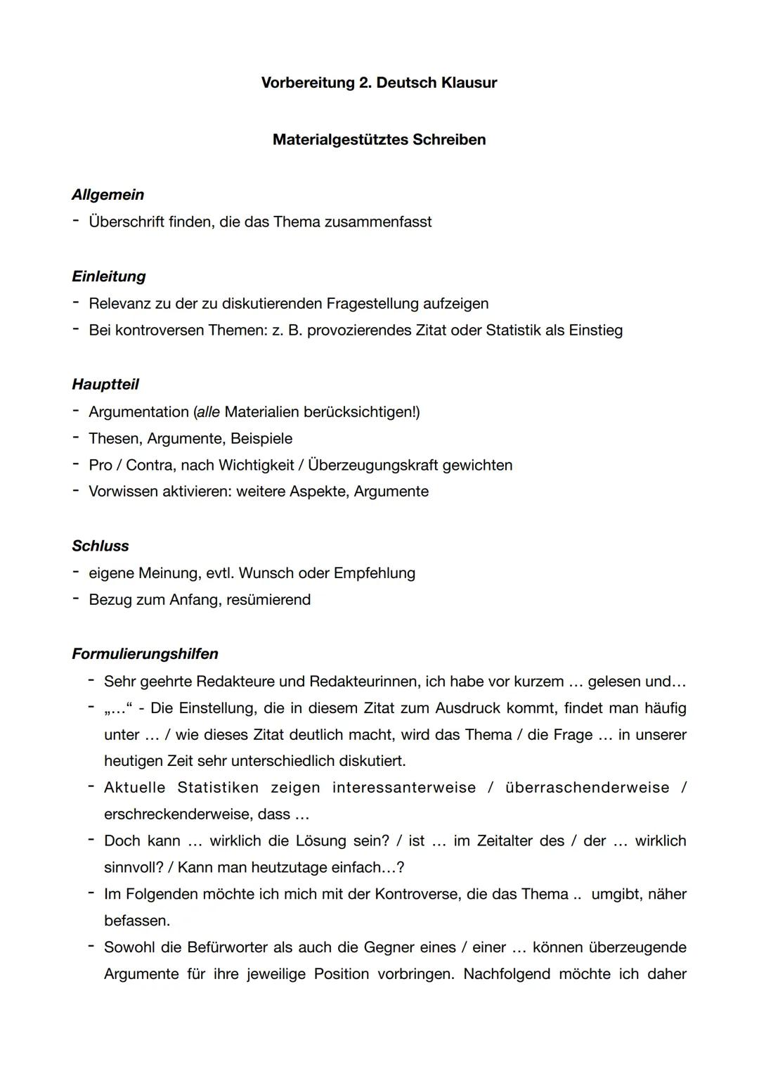 Vorbereitung 2. Deutsch Klausur
Materialgestütztes Schreiben
Allgemein
Überschrift finden, die das Thema zusammenfasst
Einleitung
Relevanz z