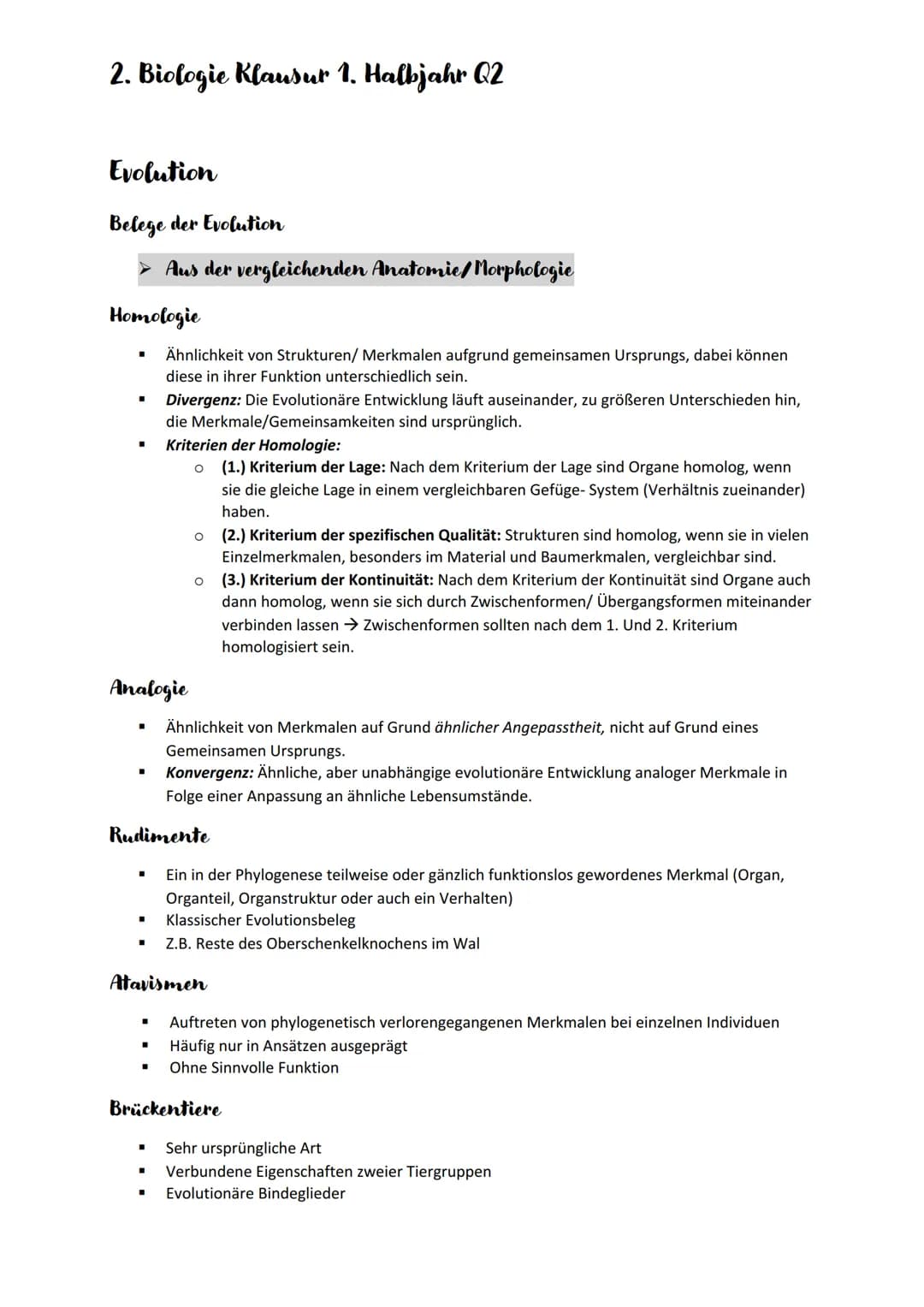 2. Biologie Klausur 1. Halbjahr Q2
Evolution
Belege der Evolution
➤ Aus der vergleichenden Anatomie/ Morphologie
Homologie
■
■
■
Analogie
▪
