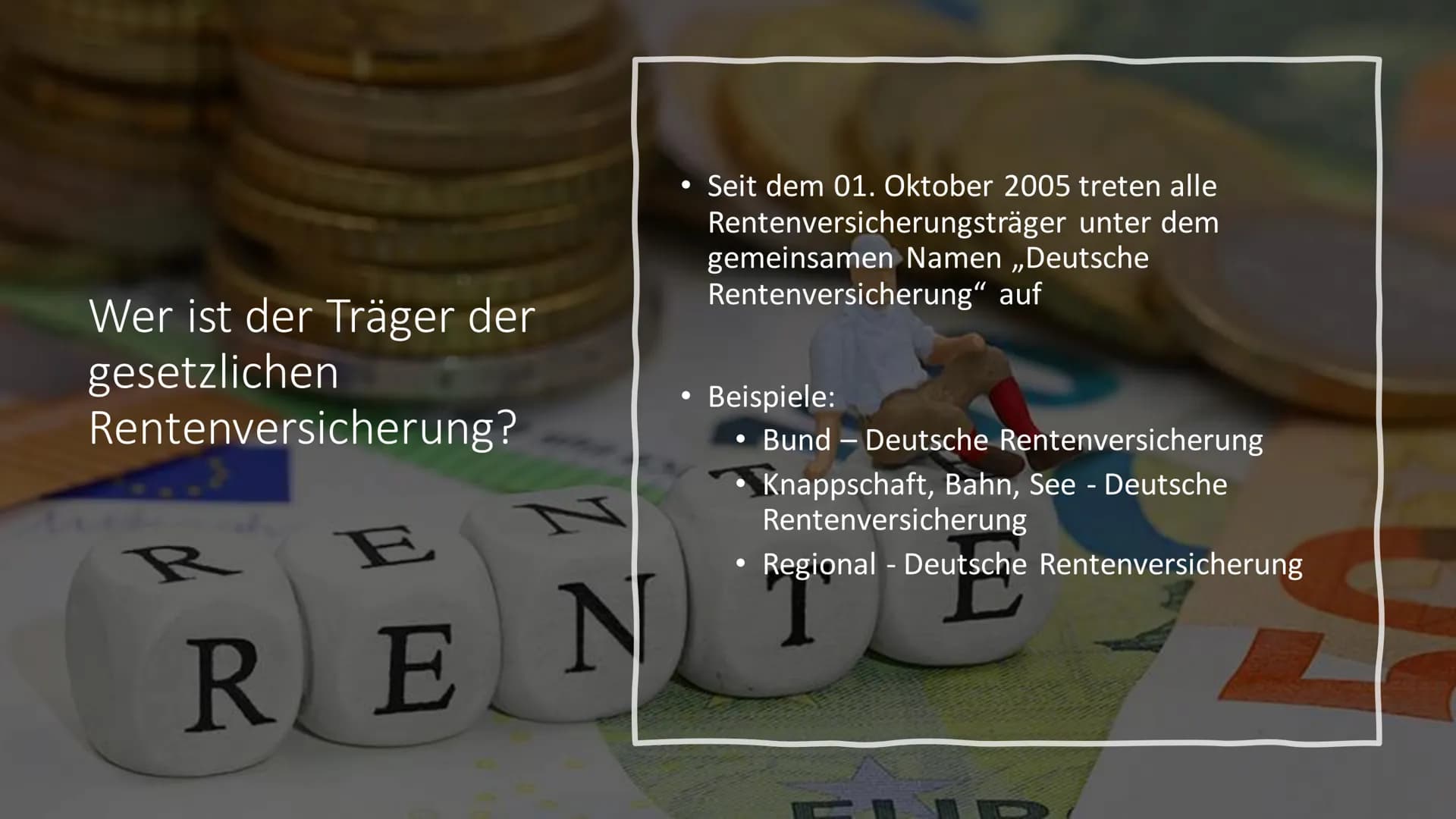Gesetzliche
Rentenversicherung
Wie und womit handelt der "Sozialstaat"? Sozialpolitische Maßnahmen in
Deutschland in Auswahl
Ist der Sozials