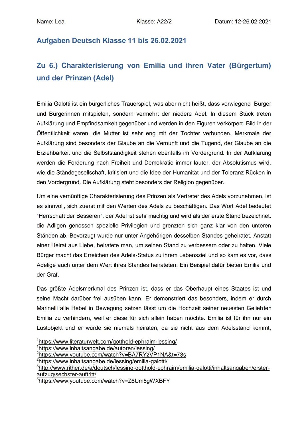 Name: Lea
Klasse: A22/2
2.) Deutsch Klasse 11: Die Literaturepoche der Aufklärung
Interpretation eines Dramenauszugs
(Aufgaben bis 12.02.202