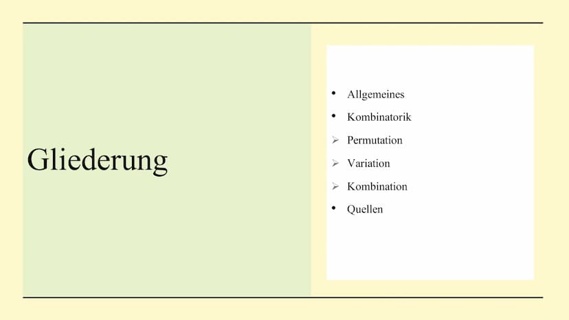 Kombinatorik
w
SEPT
THEED
FET
RECAR Gliederung
●
Allgemeines
Kombinatorik
Permutation
Variation
➤ Kombination
Quellen Allgemein
Teilgebiet d