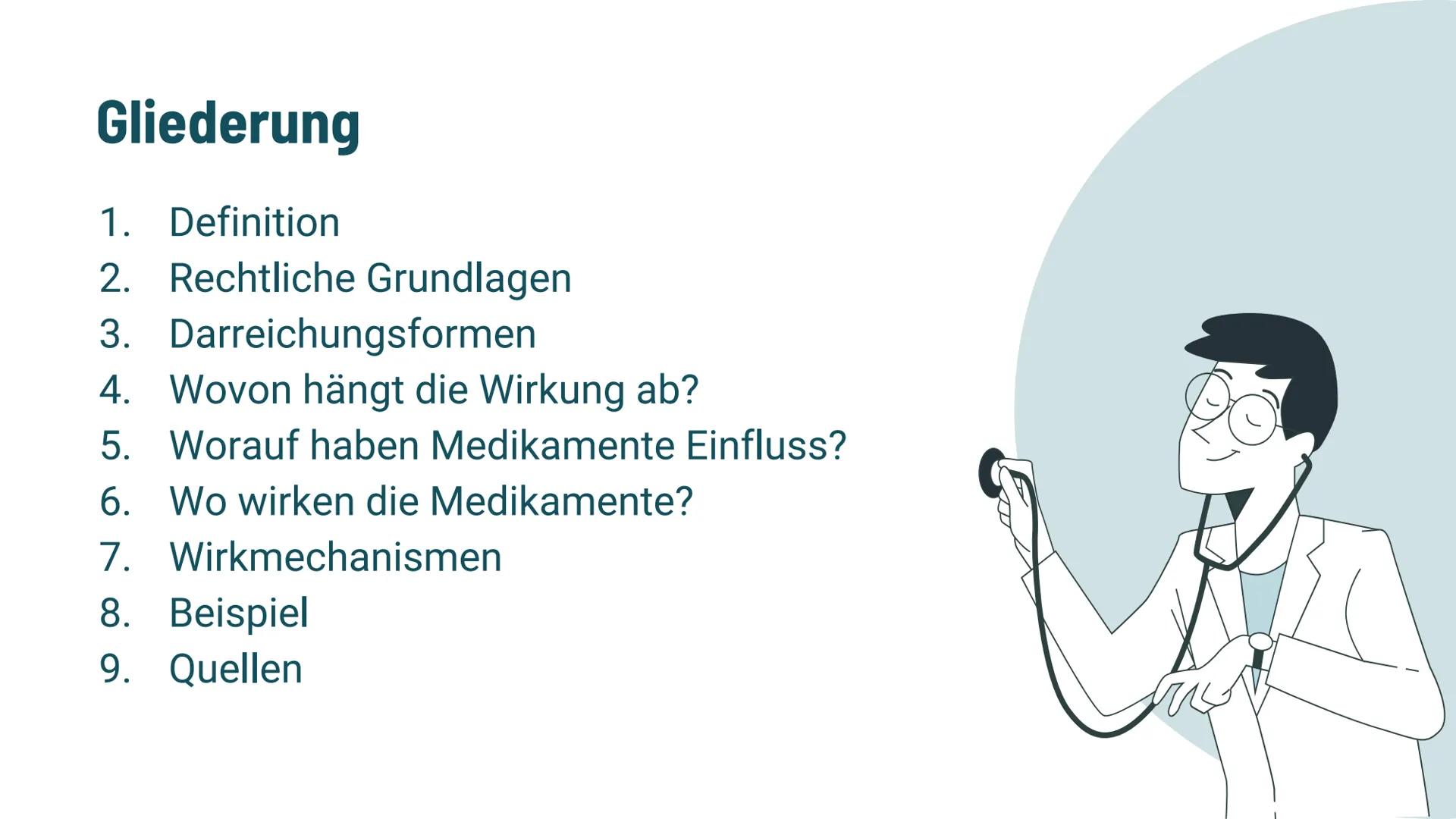 Medikamente
Präsentation von Inwiefern nehmen
Medikamente Einfluss auf
unseren Körper? Gliederung
1. Definition
2. Rechtliche Grundlagen
Dar