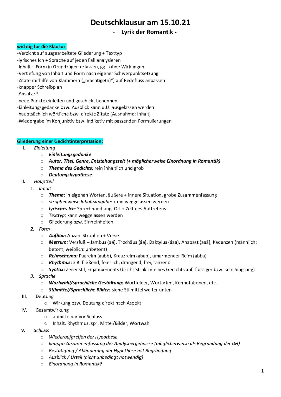 Gedichtanalysen von Lyrik der Romantik 