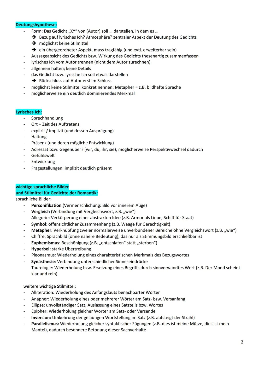 wichtig für die Klausur:
-Verzicht auf ausgearbeitete Gliederung + Texttyp
-lyrisches Ich + Sprache auf jeden Fall analysieren
-Inhalt + For