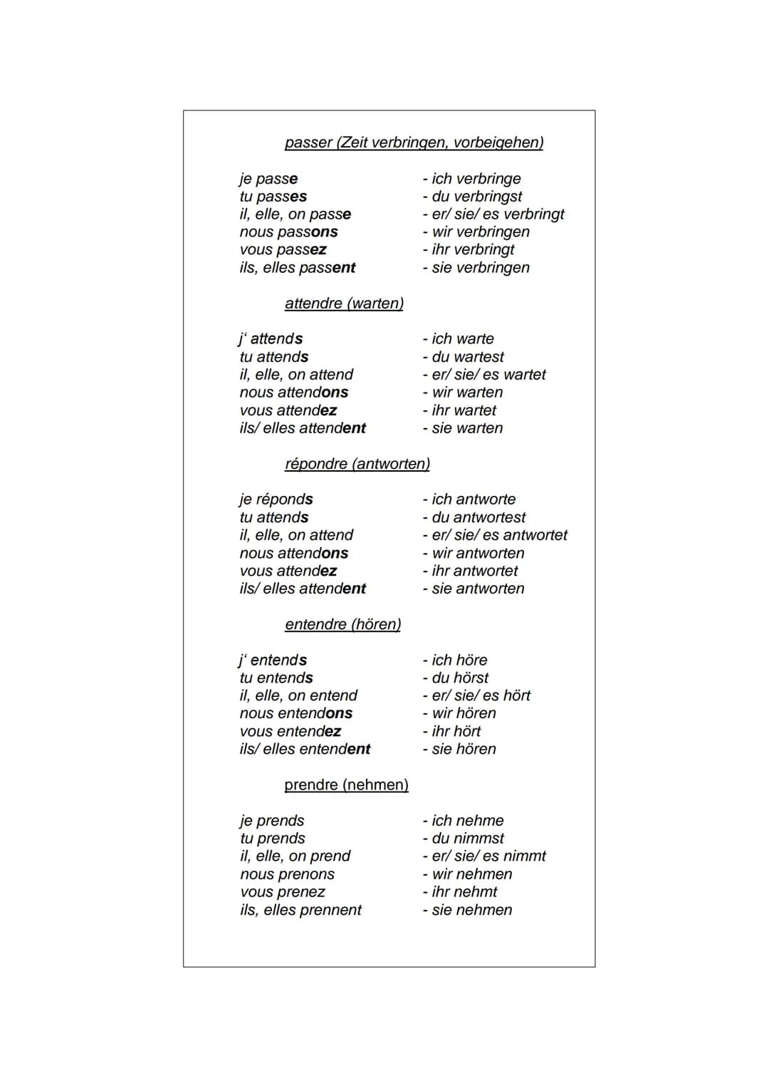 Verbgruppe
je / j'
Wichtige Verben im Französischen
tu
II/ elle / on
nous
vous
Ils/elles
Beispiele:
-er
-e
-es
-e
-ons
-ez
arriver,
parler,
