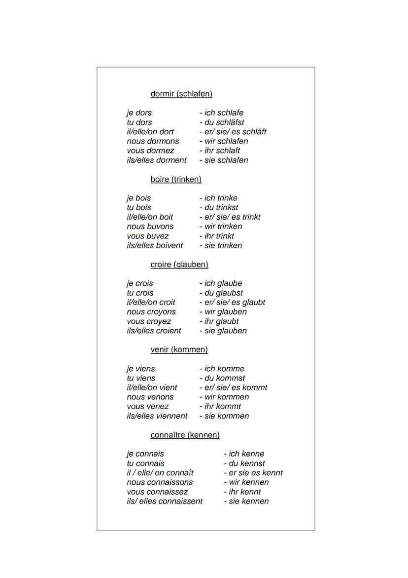 Verbgruppe
je / j'
Wichtige Verben im Französischen
tu
II/ elle / on
nous
vous
Ils/elles
Beispiele:
-er
-e
-es
-e
-ons
-ez
arriver,
parler,
