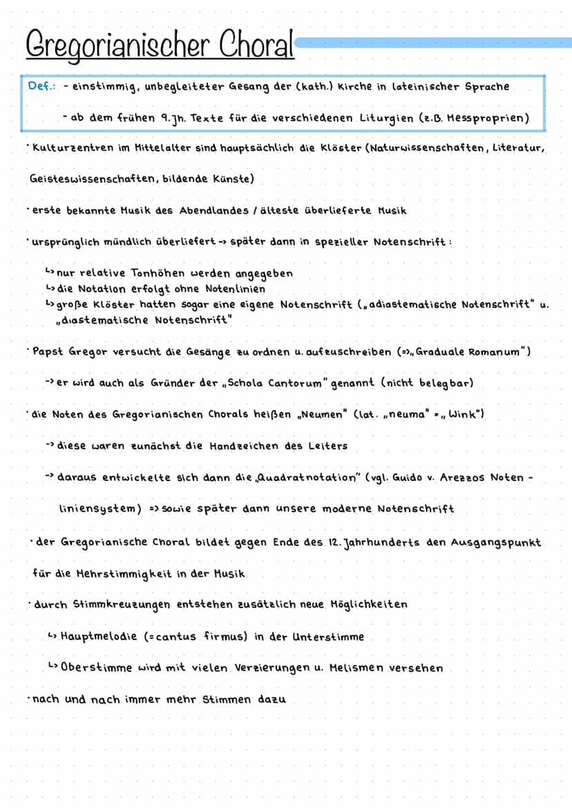 Mittelalter
->
› Beginn: ca. im 9. Jahrhundert
-> Ende: ca. im 15. Jahrhundert (endet mit der beginnenden Neuzeit)
Unterteilung:
Gregorianik