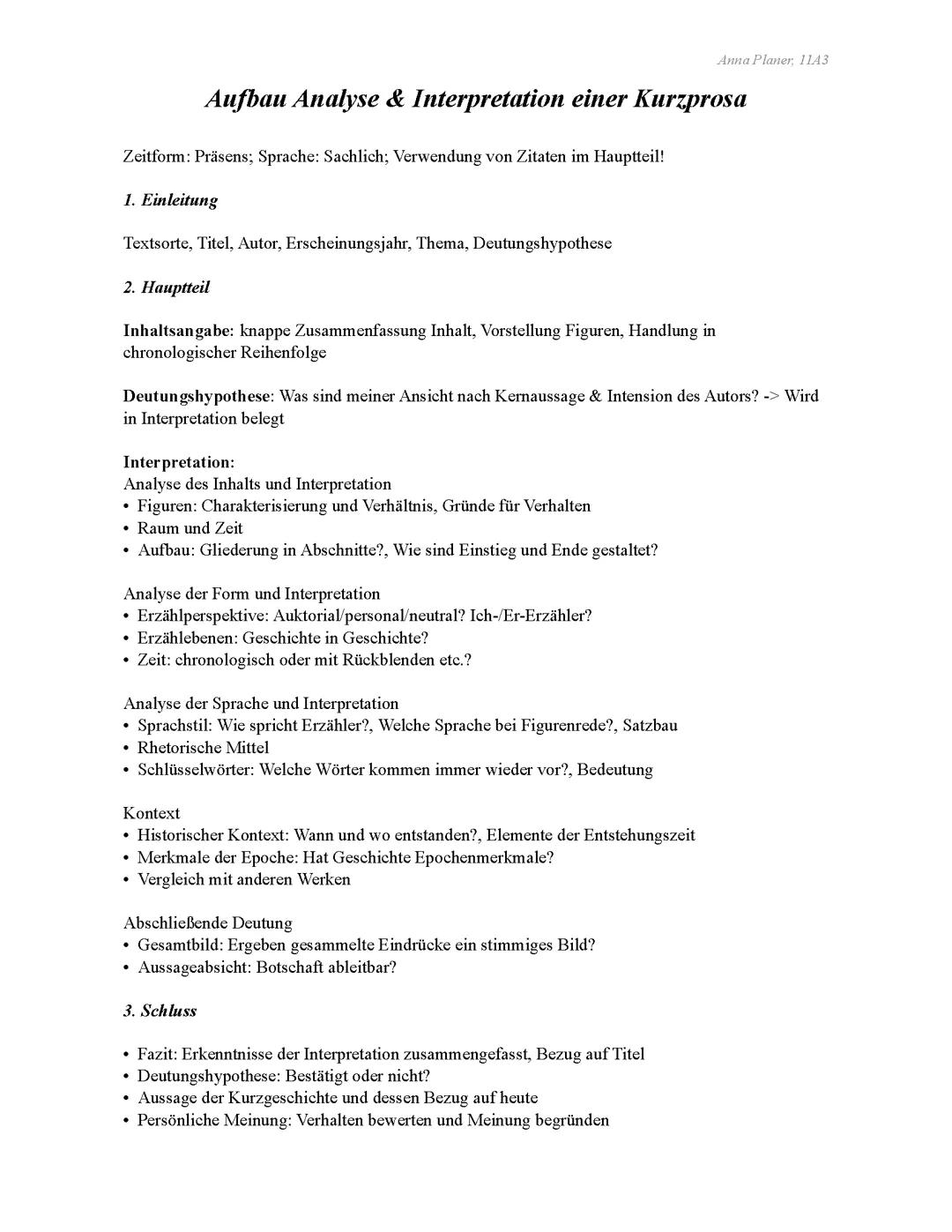 Aufbau Analyse/Interpretation einer Kurzprosa/Parabel