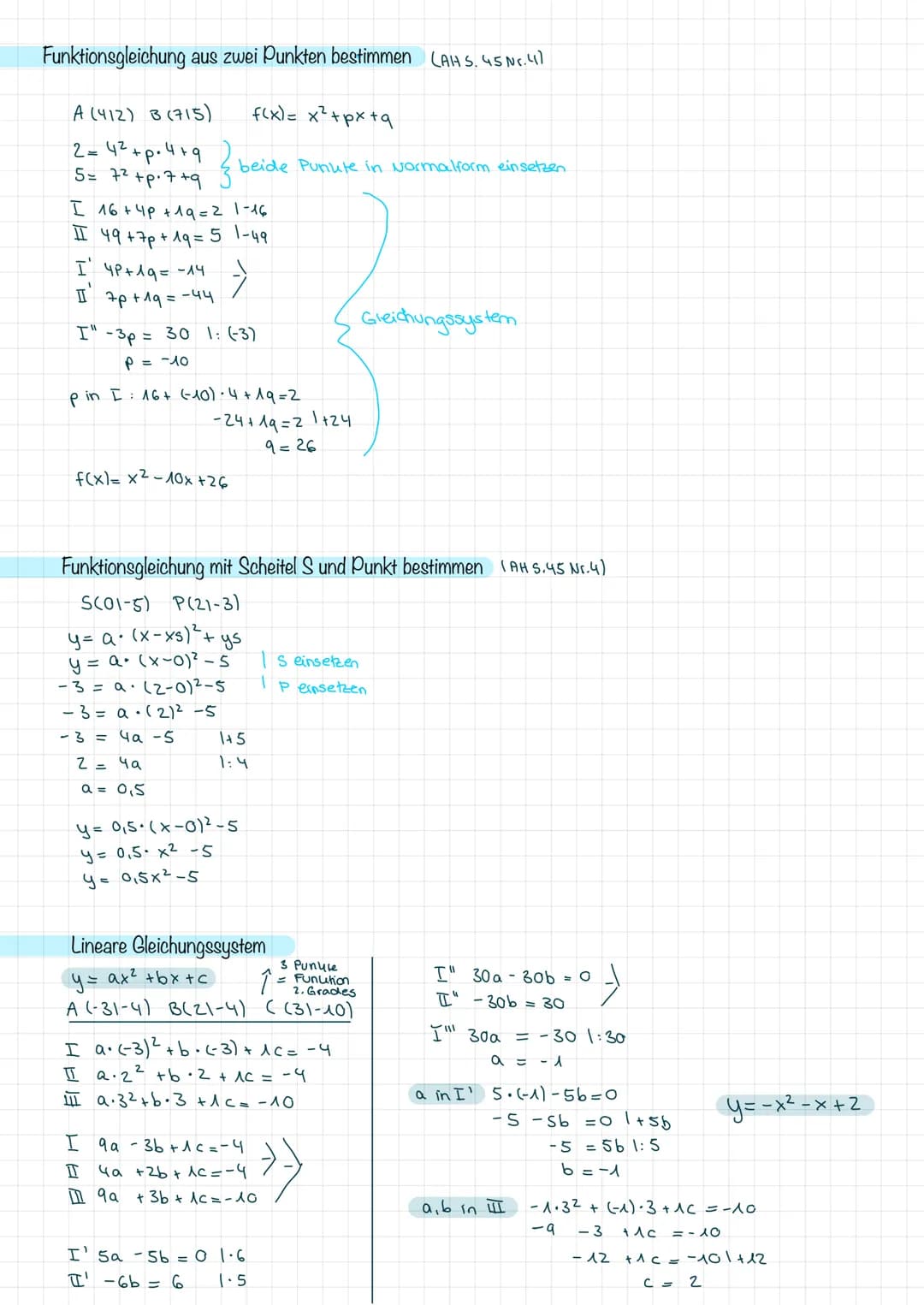 Allgemeine Form
Scheitelpunktform
höchsler/tiefster
Punkt
Normalform
y = x² + px +q
->
Bsp: f(x) = 0,5(x-3) ²-2
a= 0,5
S (514)
ادم
y = ax²+b