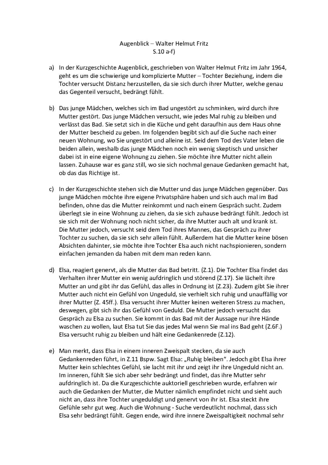 Augenblicke Kurzgeschichte Klassenarbeit - Walter Helmut Fritz Analyse PDF