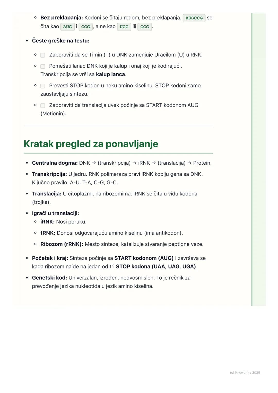 # Genetski kod i sinteza proteina

## Uvod u genetski kod

Genetski kod je sistem pravila po kojima se informacija zapisana u genima
(sekven