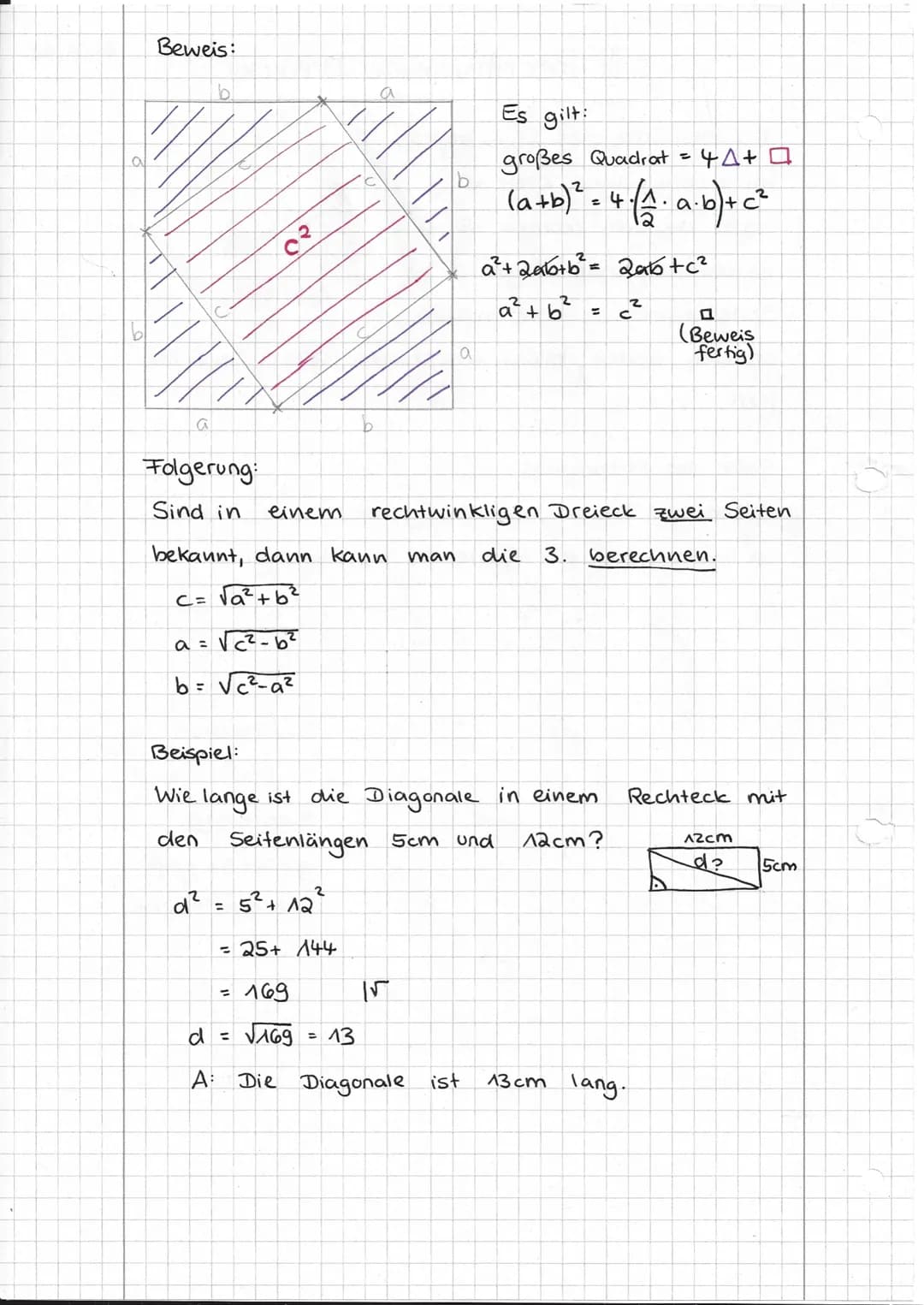 II Rechtwinklige Dreiecke
II.1 Der Satz des Pythagoras
Im rechtwinkligen Dreieck
heißt die dem rechten Winkel
gegenüberliegende (längste)
Se