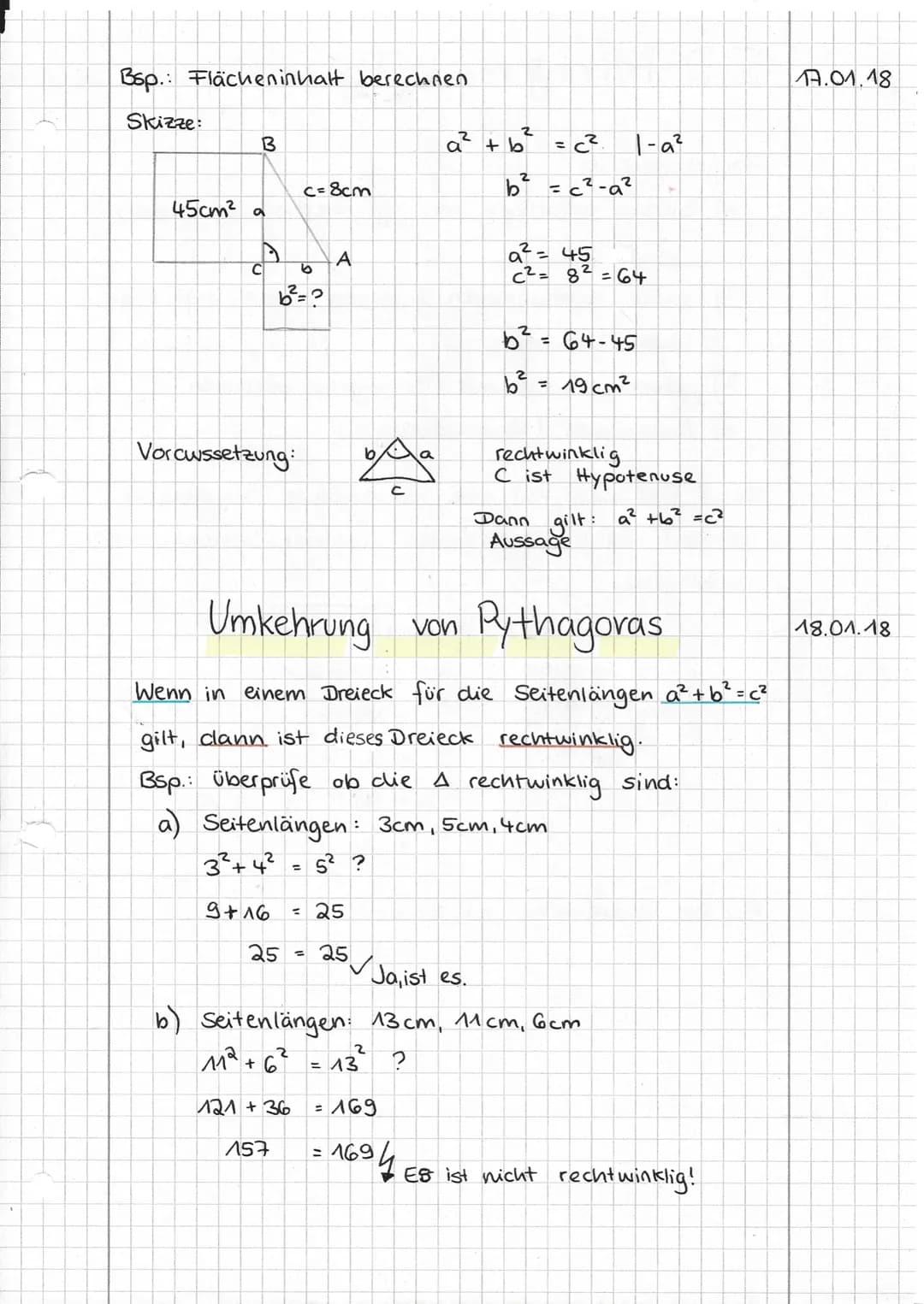 II Rechtwinklige Dreiecke
II.1 Der Satz des Pythagoras
Im rechtwinkligen Dreieck
heißt die dem rechten Winkel
gegenüberliegende (längste)
Se