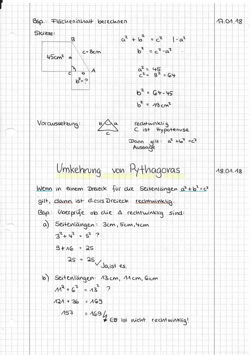 II Rechtwinklige Dreiecke
II.1 Der Satz des Pythagoras
Im rechtwinkligen Dreieck
heißt die dem rechten Winkel
gegenüberliegende (längste)
Se