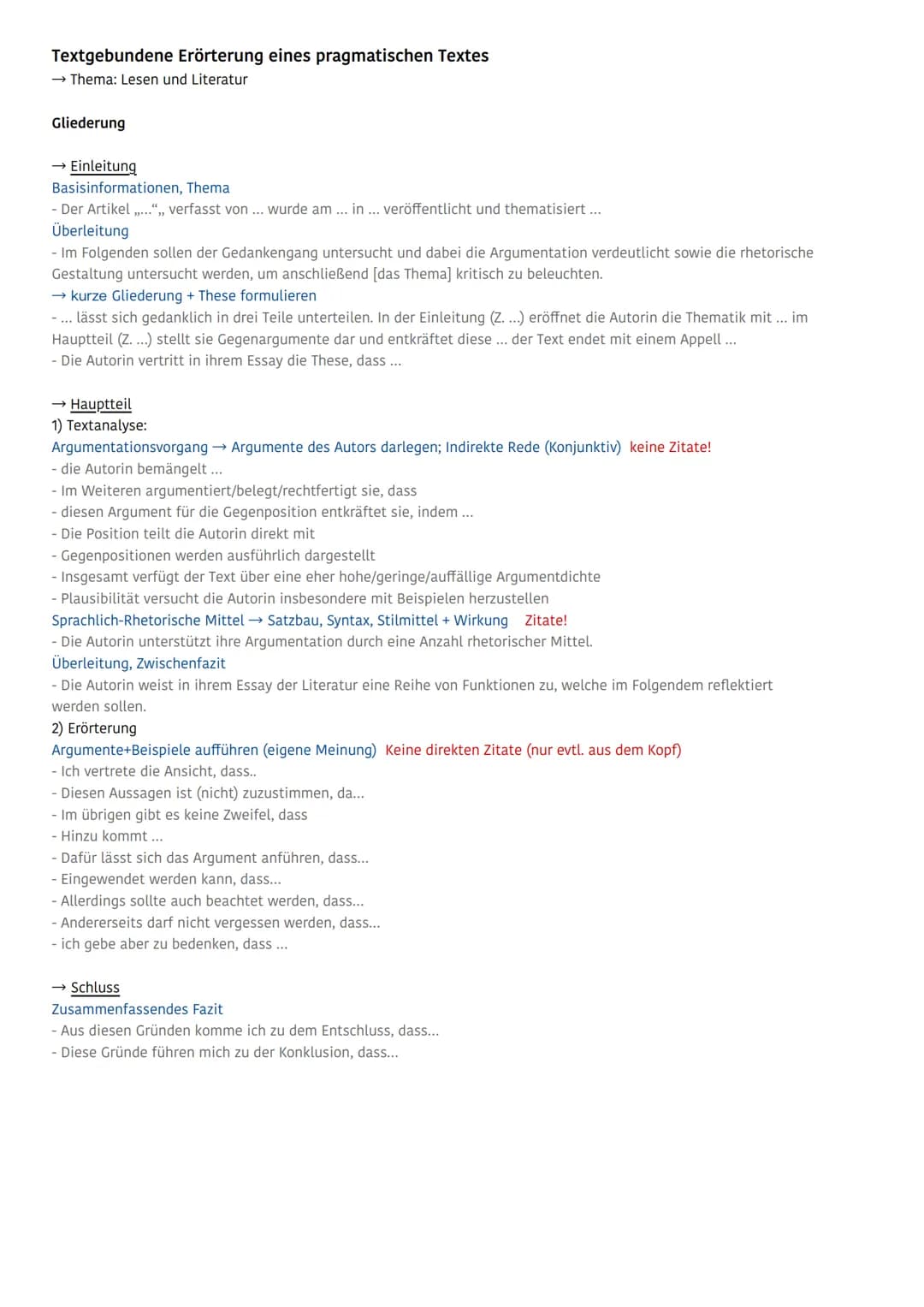 Textgebundene Erörterung eines pragmatischen Textes
→ Thema: Lesen und Literatur
Gliederung
→ Einleitung
Basisinformationen, Thema
- Der Art