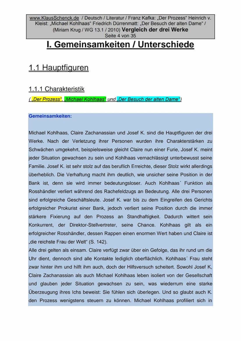 www.KlausSchenck.de/WG TBB/ Deutsch/Lernkärtchen: Kafka: Prozess Kleist:
Michael Kohlhaas und Dürrenmatt: Besuch... Dame
Miriam Krug / Vergl