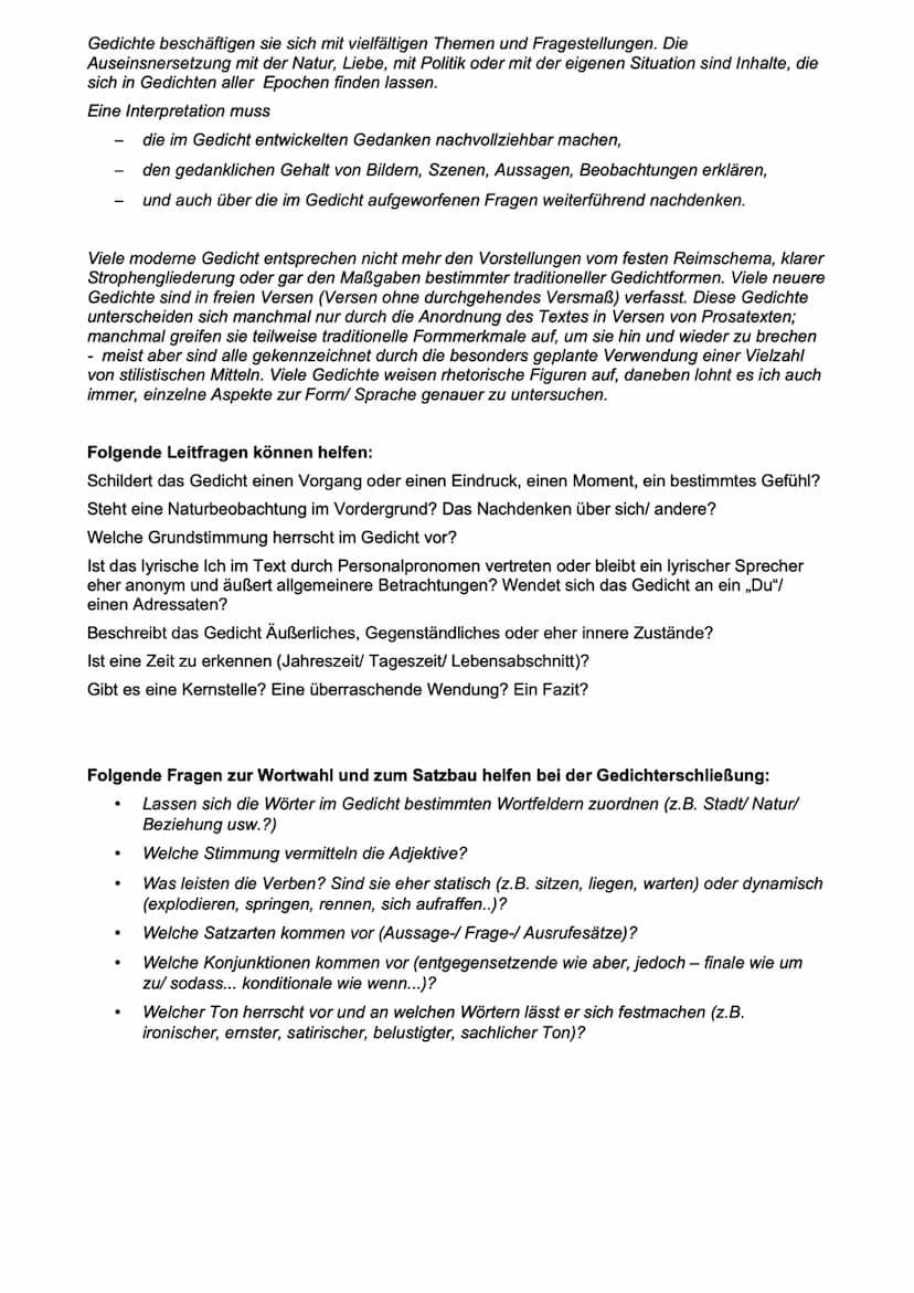AUFBAU GEDIGHTANALYSE
Einleitung:
● Titel
Name des Autors
• Erscheinungsjahr & Erscheinungsform (z.B. Gedichtsammlung)
●
Gedichtform
Thema
•
