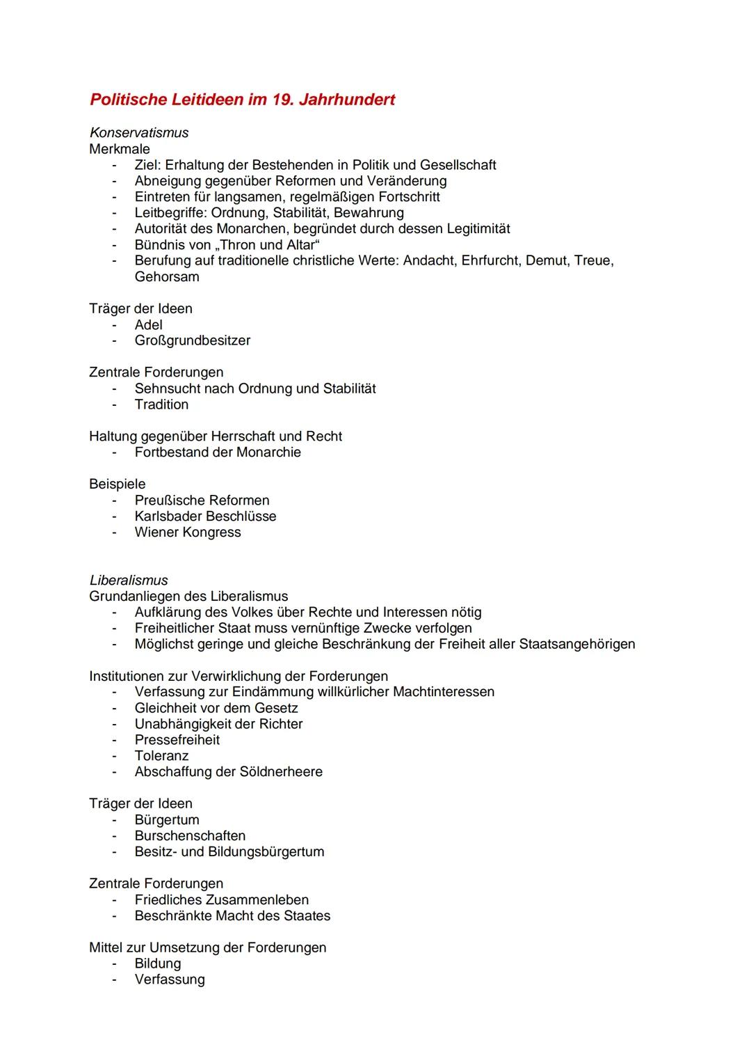 Politische Leitideen im 19. Jahrhundert
Konservatismus
Merkmale
Ziel: Erhaltung der Bestehenden in Politik und Gesellschaft
Abneigung gegenü