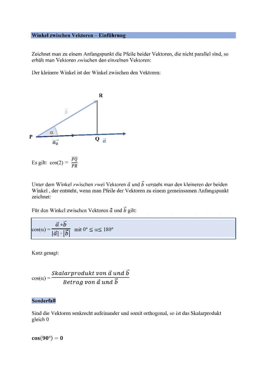 Winkel zwischen Vektoren