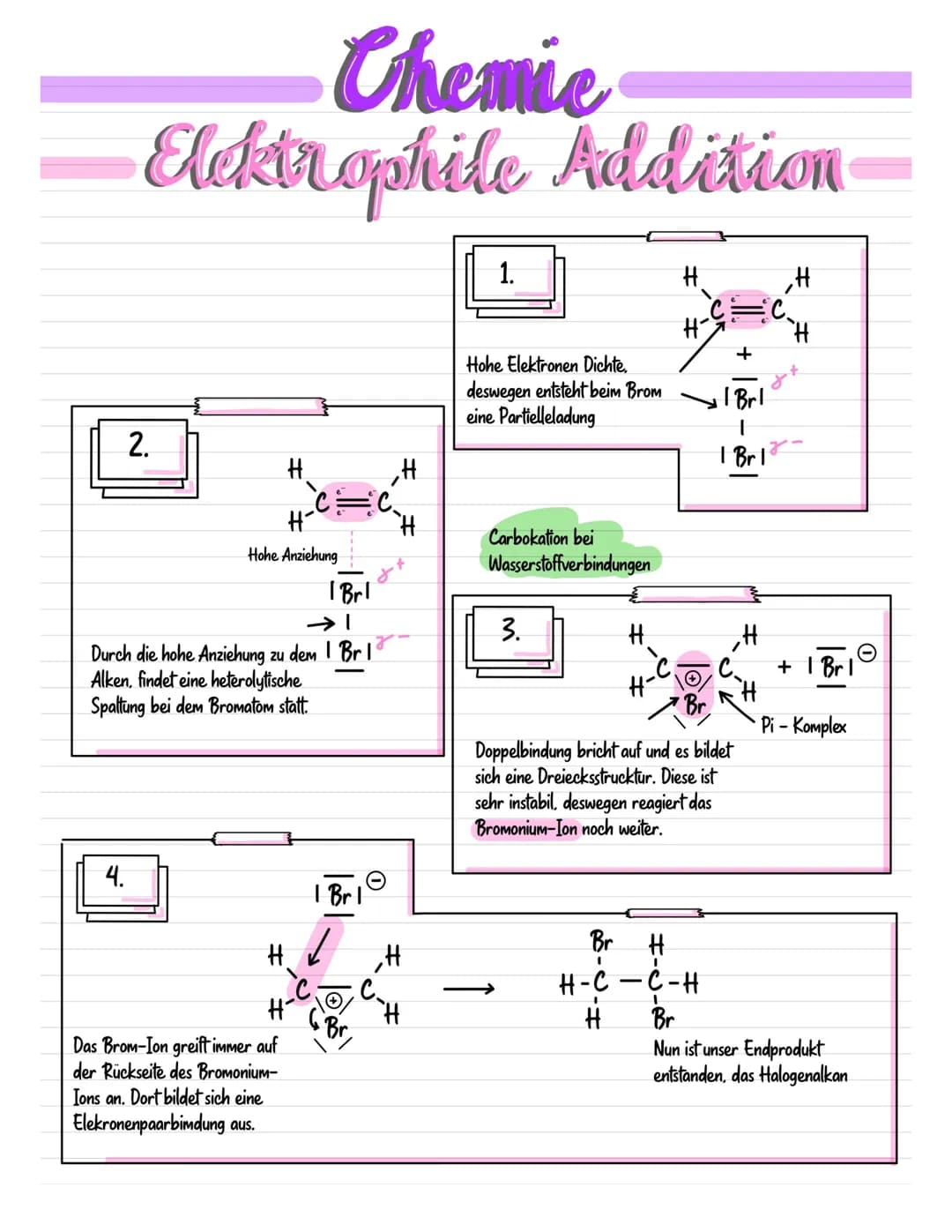 Chemie
Elektrophile Addition
4.
2.
#²
Hohe Anziehung
===c₂
Das Brom-Ion greift immer auf
der Rückseite des Bromonium-
Ions an. Dort bildet s