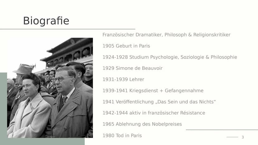 Exentialismu
s nach
Sartre
Von Lena
1 Agenda
01 Biografie
02 Essenz & Existenz
03 Zur Freiheit verurteilt
04 Seinsbereiche
05 Authentizität
