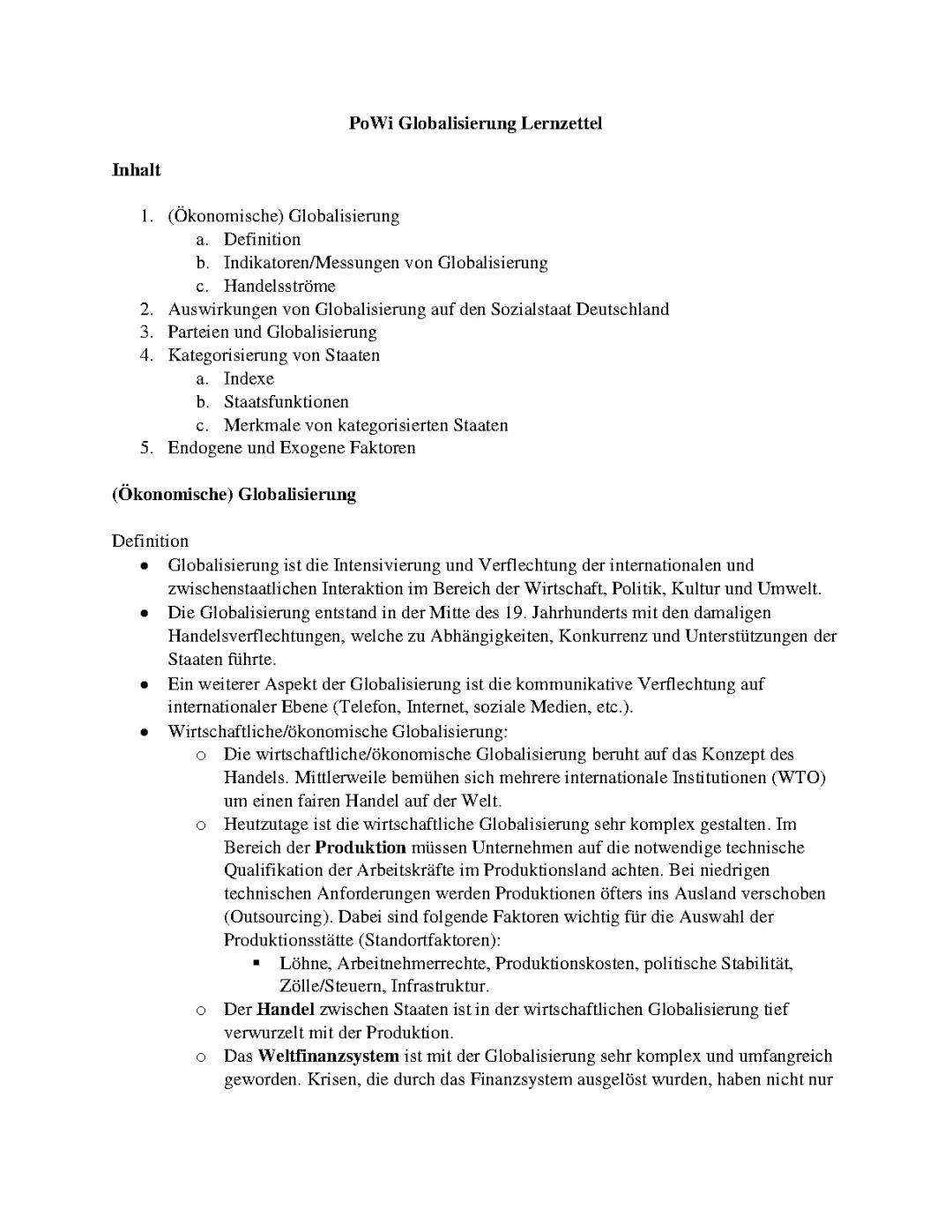 PoWi Globalisierung Lernzettel