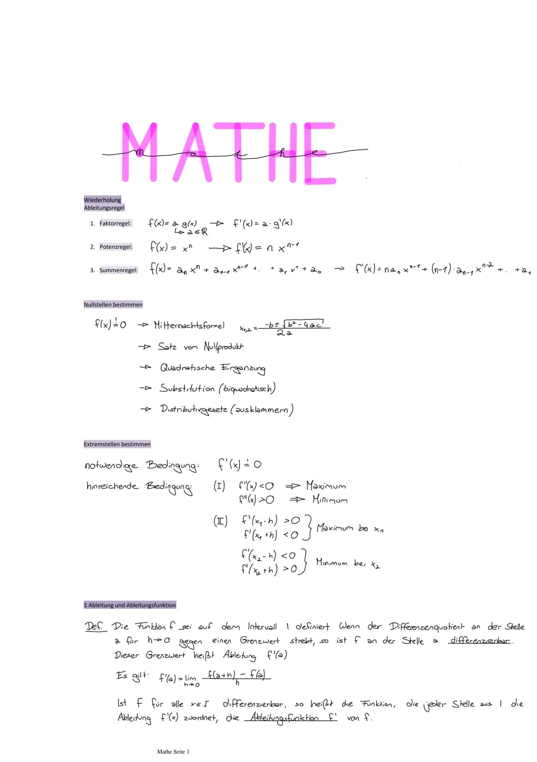 MATHE
Wiederholung
Ableitungsregel
f(x) = 2 g(x)
LEDER
f(x) = x^
3. Summenregel: f(x)= 2n x² + 20-₁x₁-²
1. Faktorregel:
2. Potenzregel:
Null