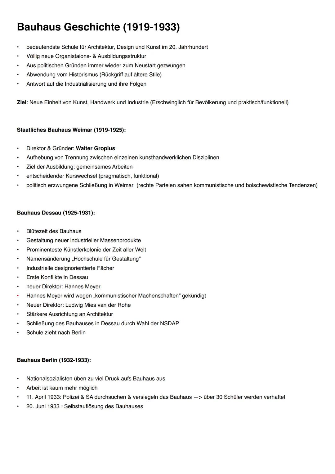 Bauhaus Geschichte (1919-1933)
.
Ziel: Neue Einheit von Kunst, Handwerk und Industrie (Erschwinglich für Bevölkerung und praktisch/funktione