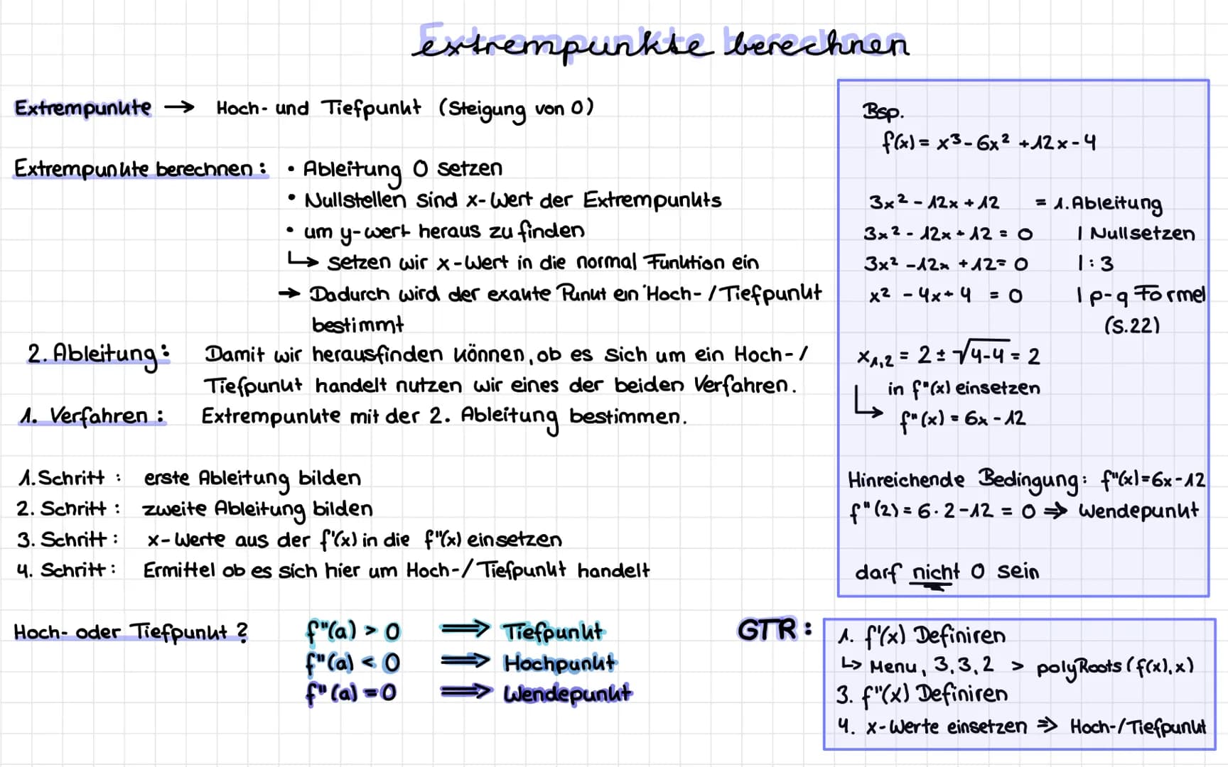 Extrempunute →→ Hoch- und Tiefpunkt (Steigung von 0)
Ableitung O setzen
• Nullstellen sind x-Wert der Extrempunkts
• um y-wert heraus zu fin
