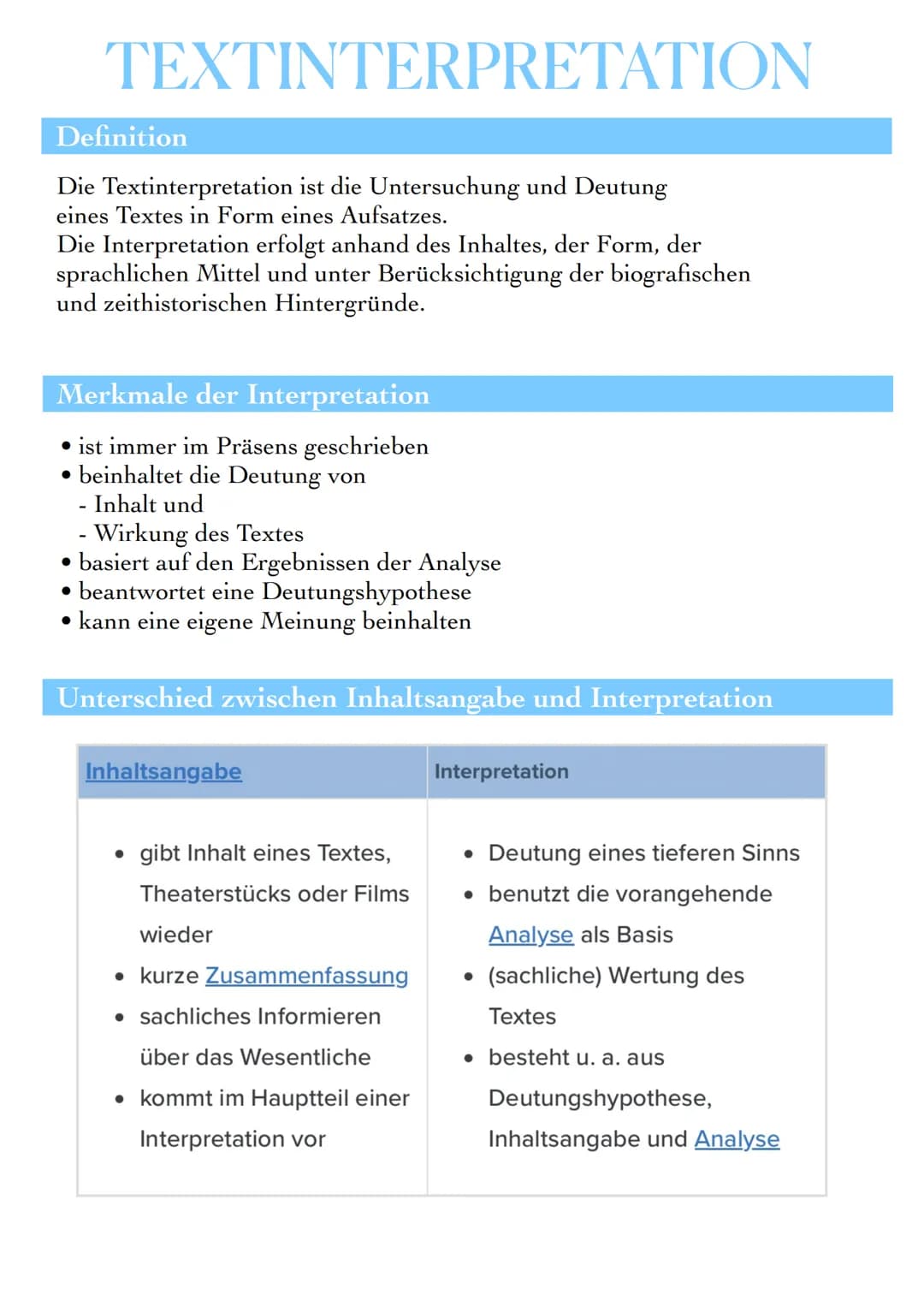 TEXTINTERPRETATION
Die Textinterpretation ist die Untersuchung und Deutung
eines Textes in Form eines Aufsatzes.
Definition
Die Interpretati