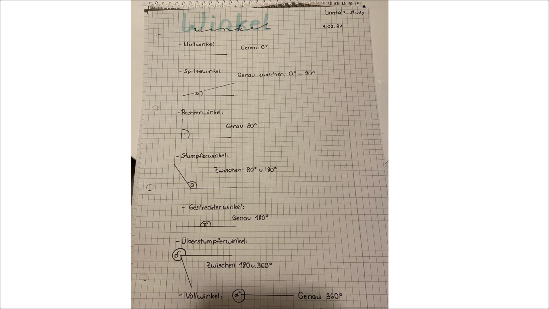 Winkel

- Nullwinkel:
Genau: 0°

Spitzewinkel:
Genau zwischen: 0° 0. 90°

$\alpha$)

-Rechter winkel:
Genau 90°

- Stumpferwinkel:
Zwischen: