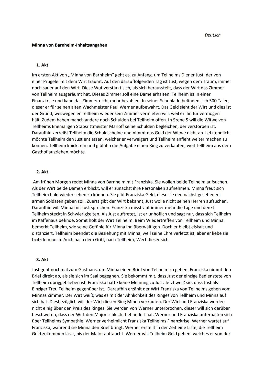 Minna von Barnhelm-Inhaltsangaben

Deutsch

1. Akt

Im ersten Akt von,,Minna von Barnhelm" geht es, zu Anfang, um Tellheims Diener Just, der