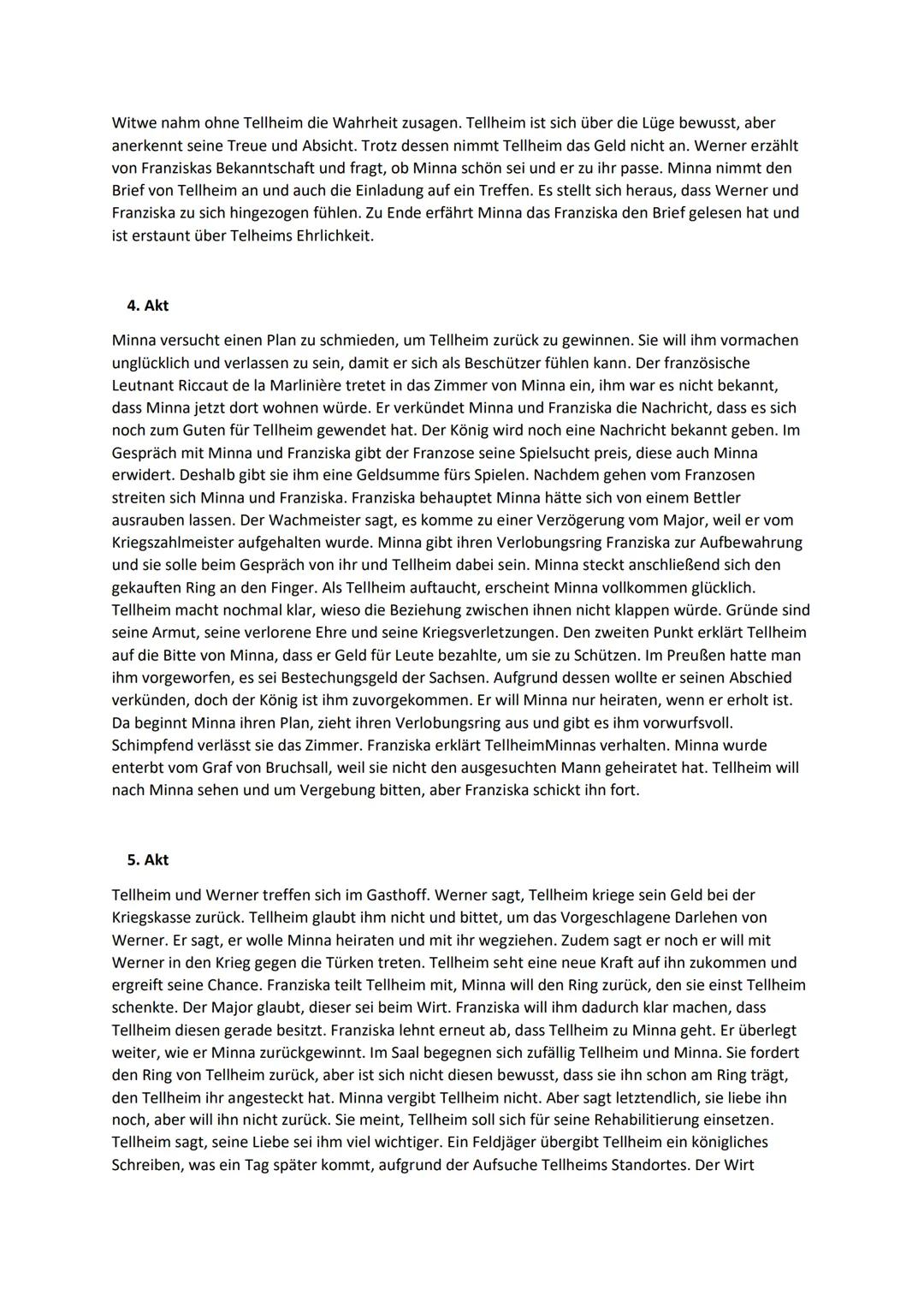 Minna von Barnhelm-Inhaltsangaben

Deutsch

1. Akt

Im ersten Akt von,,Minna von Barnhelm" geht es, zu Anfang, um Tellheims Diener Just, der