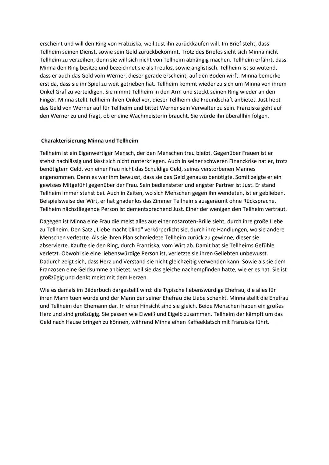 Minna von Barnhelm-Inhaltsangaben

Deutsch

1. Akt

Im ersten Akt von,,Minna von Barnhelm" geht es, zu Anfang, um Tellheims Diener Just, der