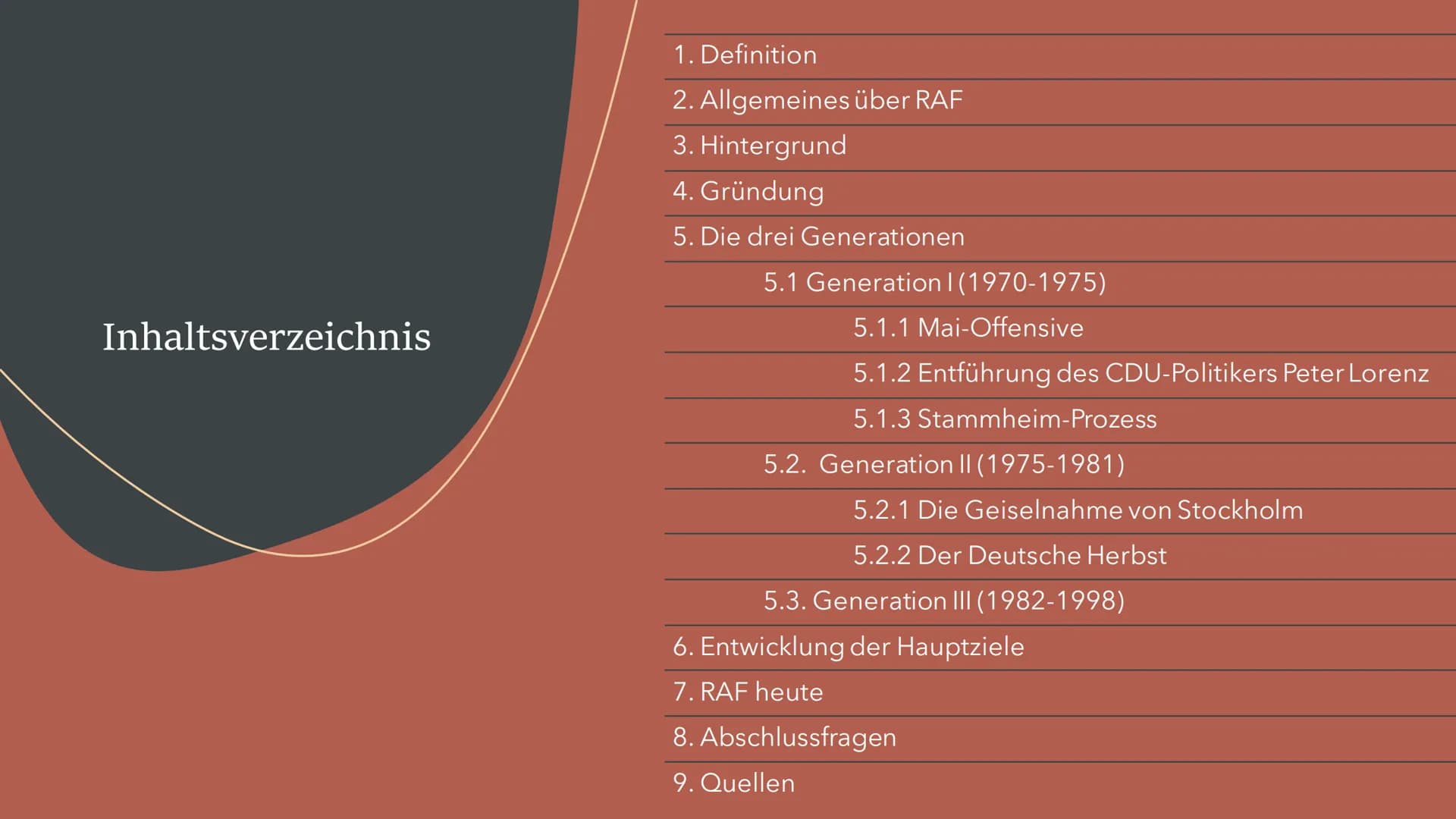 Die
Rote
Armee
Fraktion
Eine Präsentation von I.
RAF Inhaltsverzeichnis
1. Definition
2. Allgemeines über RAF
3. Hintergrund
4. Gründung
5. 