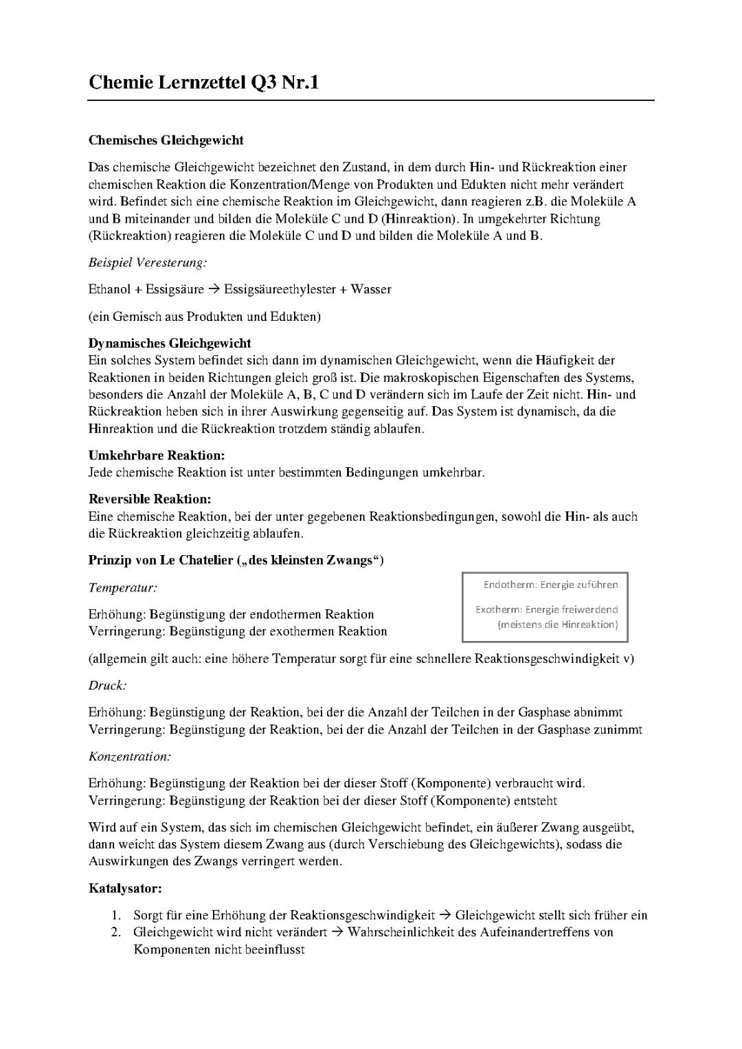 chemisches Gleichgewicht Lernzettel Chemie Oberstufe Q3 Enthalpie Entropie
