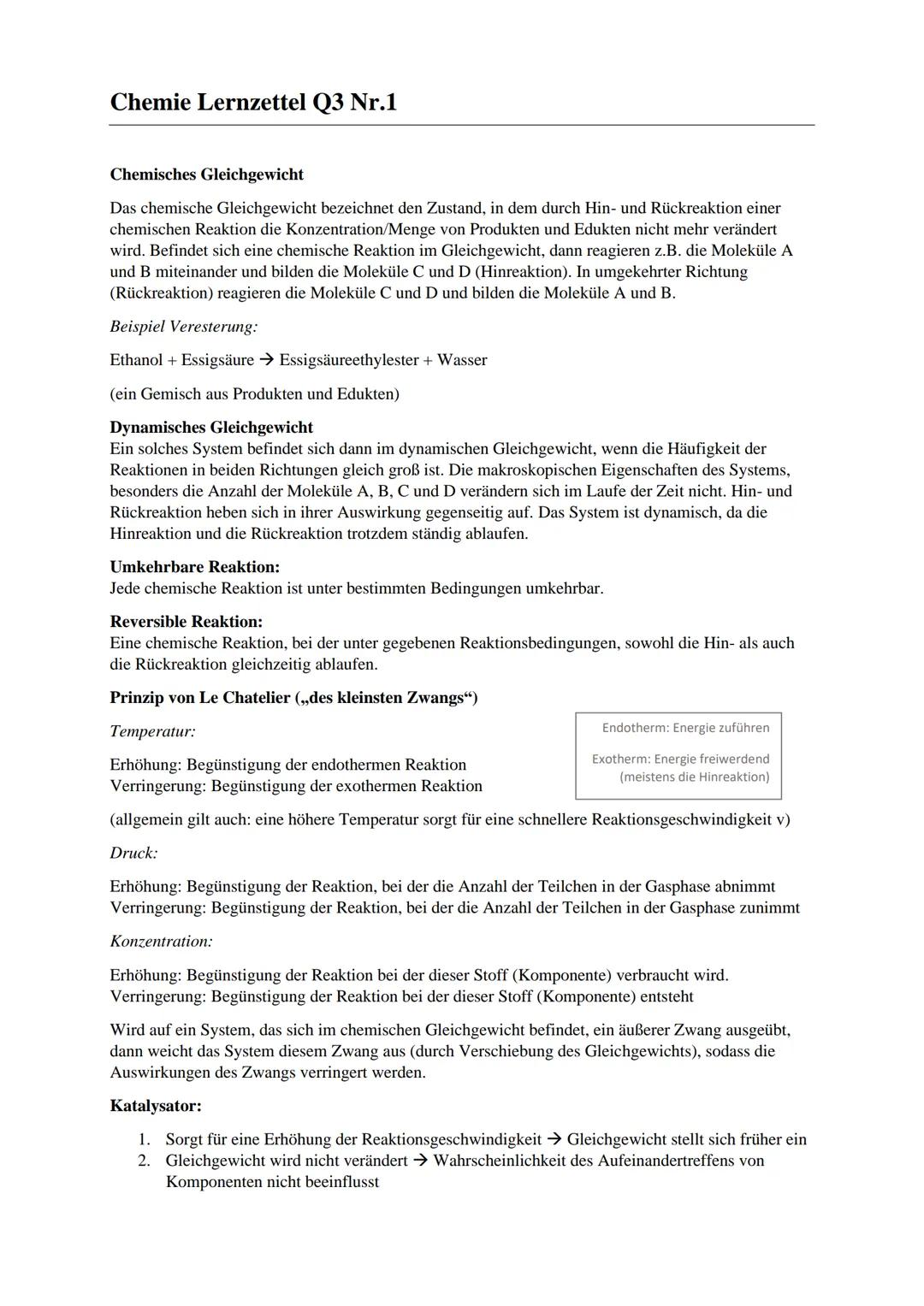 Chemie Lernzettel Q3 Nr.1
Chemisches Gleichgewicht
Das chemische Gleichgewicht bezeichnet den Zustand, in dem durch Hin- und Rückreaktion ei