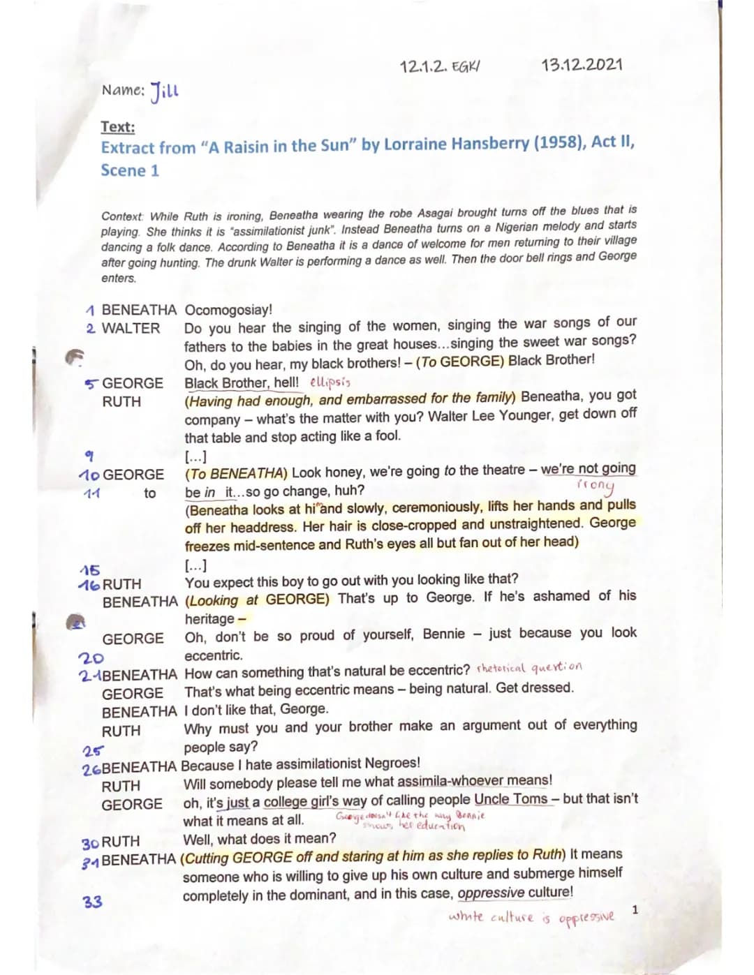 A Raisin in the Sun Test Answers, Questions, and Scene Summaries