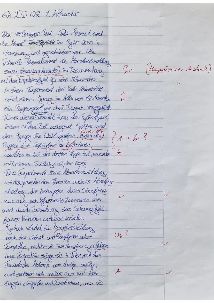GK EW Q2
1. Klausur
Der Mensch und die Moral
Gebannt blickt der zwölf Monate alte Junge auf das
Puppenspiel, das ihm Entwicklungspsychologen