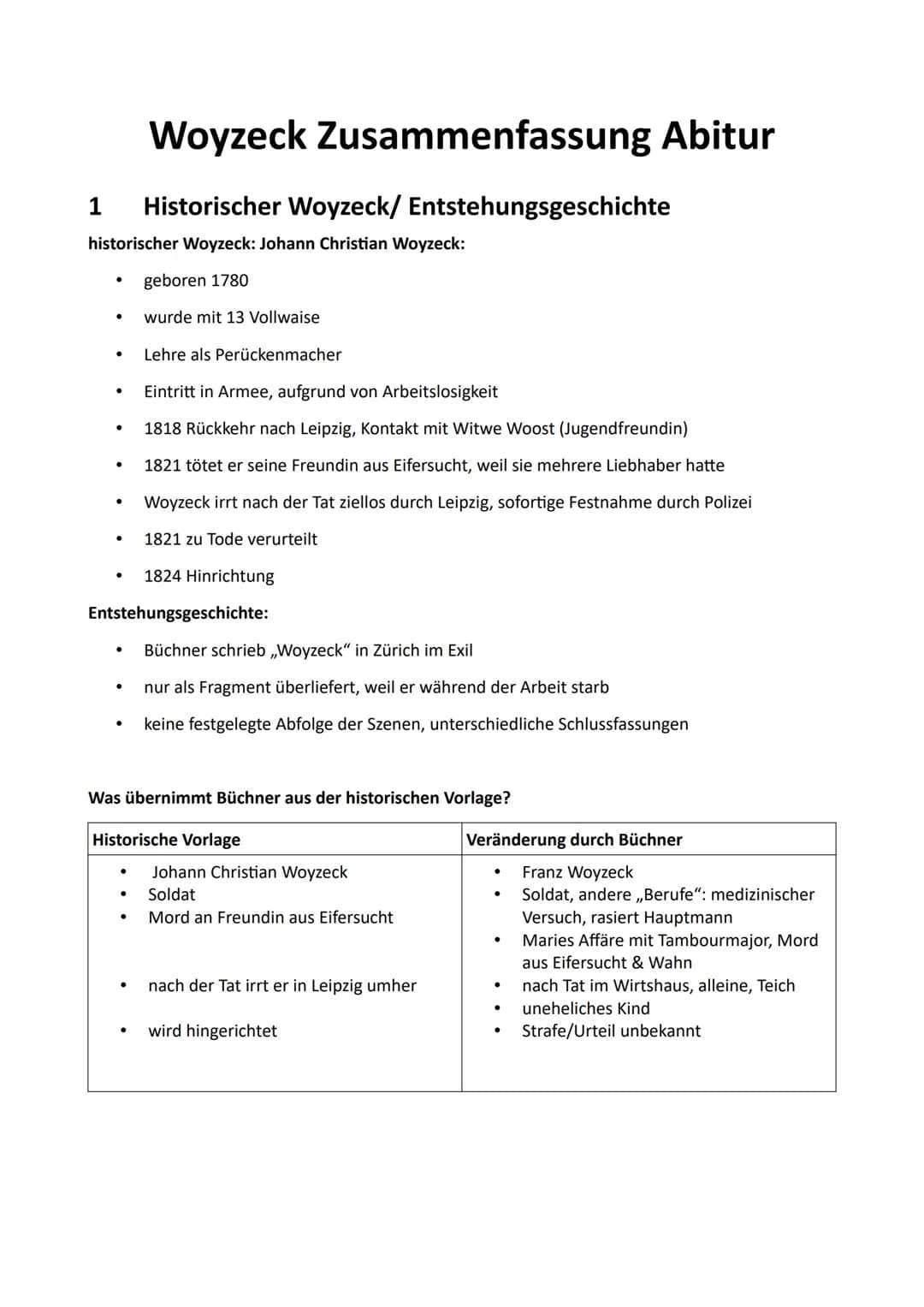 1
Woyzeck Zusammenfassung Abitur
Historischer Woyzeck/ Entstehungsgeschichte
historischer Woyzeck: Johann Christian Woyzeck:
.
geboren 1780
