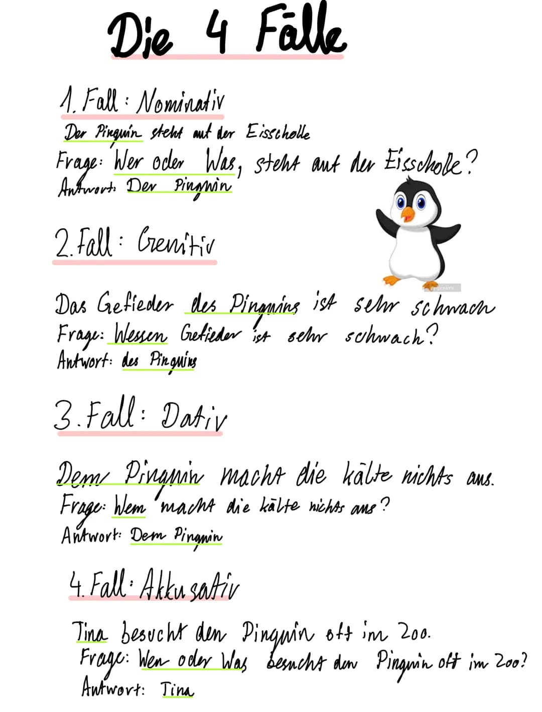 Die 4 Fälle
1. Fall: Nominativ
Der Pinguin steht aut der Eisscholle
Frage: Wer oder Was, steht aut der Eisschole?
Antwort. Der Pingwin
2. Fa