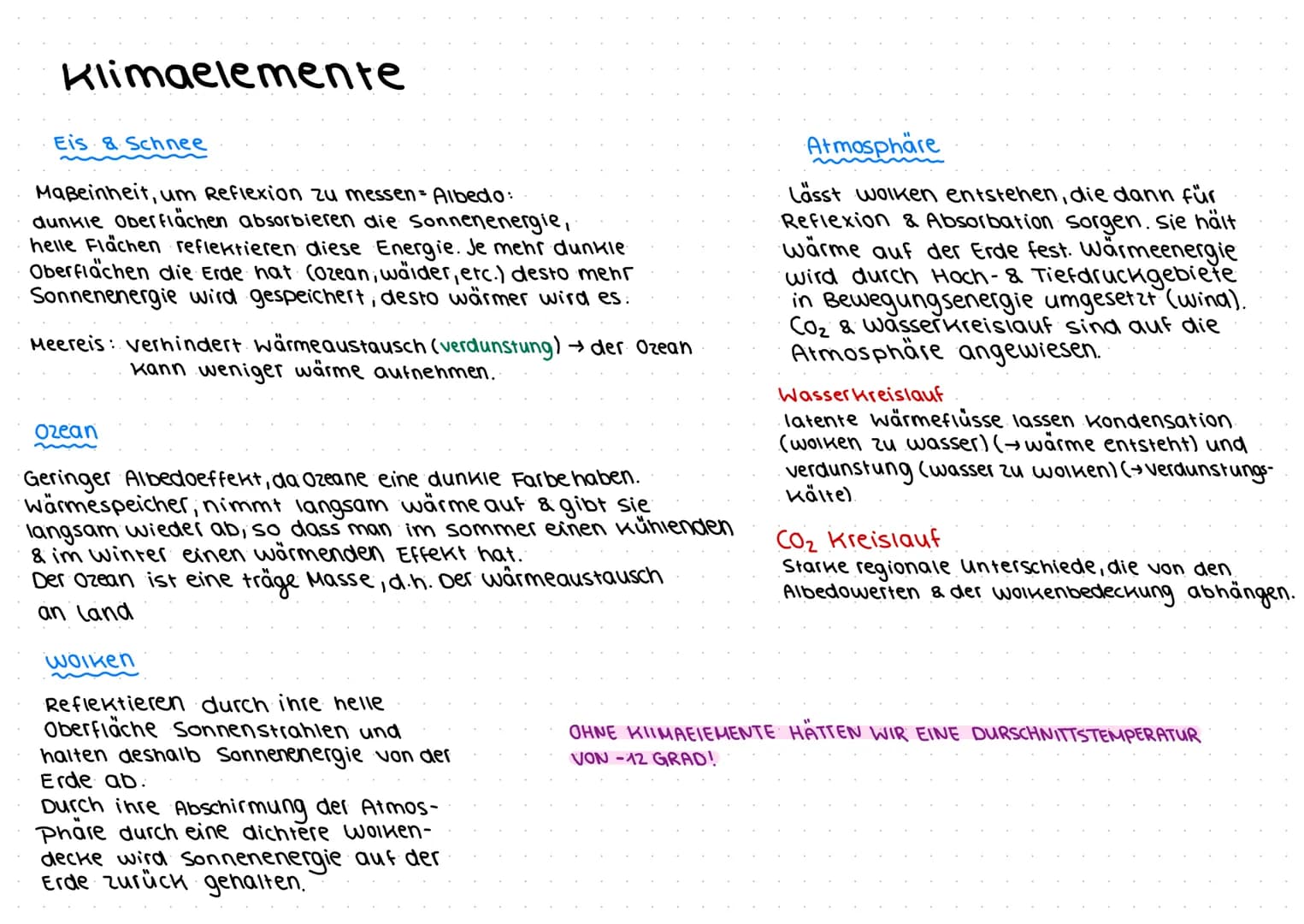 Klimaelemente
Eis & Schnee
Maßeinheit, um Reflexion zu messen Albedo:
dunkie Oberflächen absorbieren die Sonnenenergie,
helle Flächen reflek