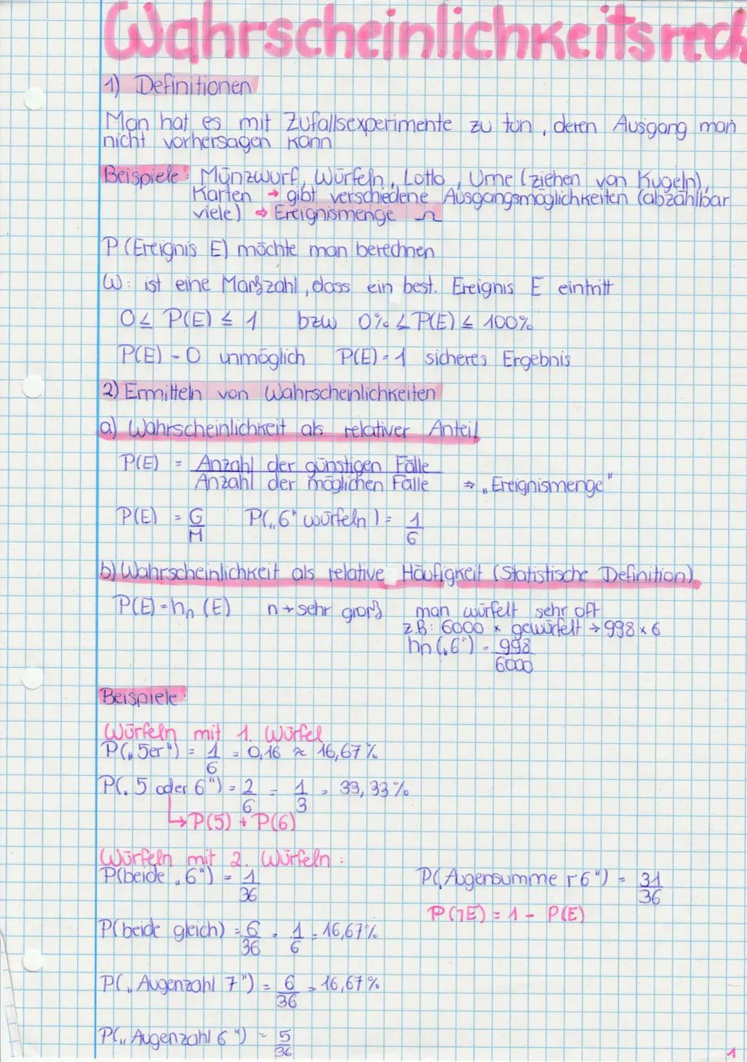 # Wahrscheinlichkeitsrech

1) Definitionen

Man hat es mit Zufallsexperimente zu tun, deren Ausgang man
nicht vorhersagen kann

Beispiele Mü