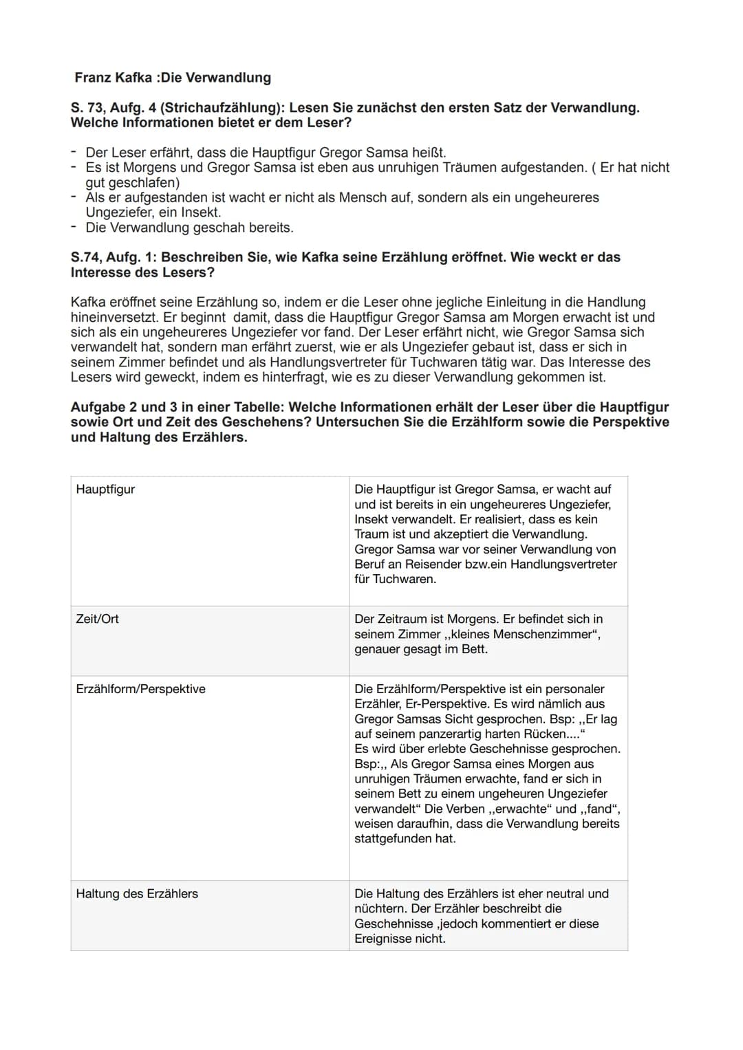 Franz Kafka :Die Verwandlung
S. 73, Aufg. 4 (Strichaufzählung): Lesen Sie zunächst den ersten Satz der Verwandlung.
Welche Informationen bie