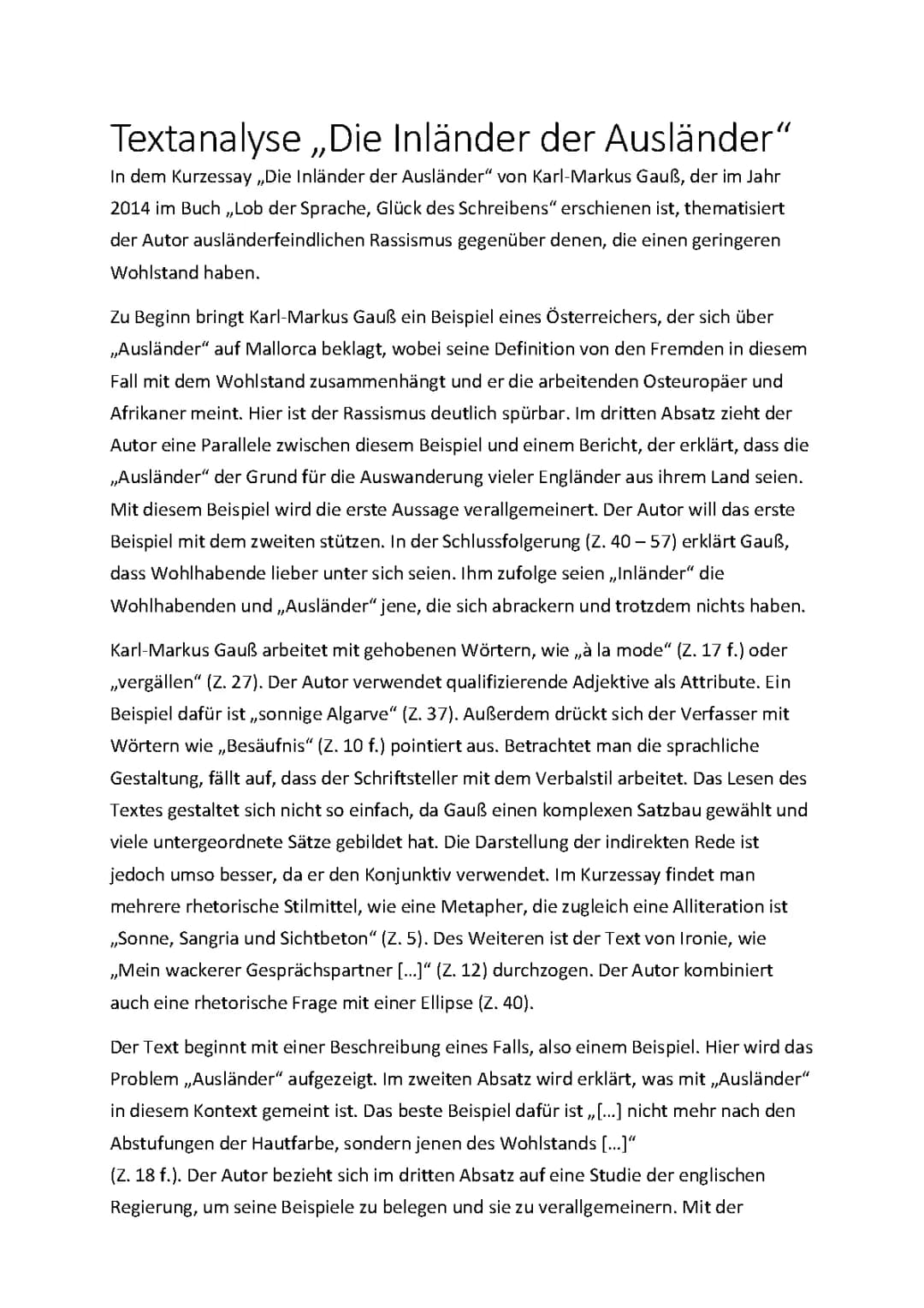 Textanalyse Kurzessay 'Die Inländer der Ausländer' von Karl-Markus Gauß