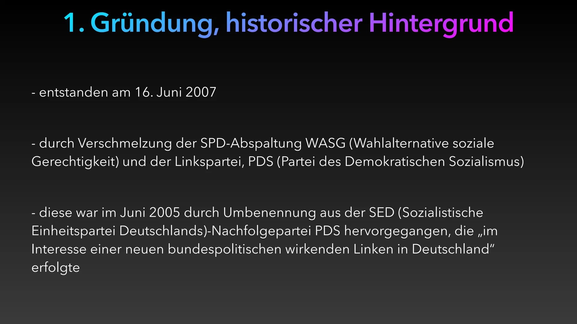 Die Linke
Von Carl, Florian, Laura & Elisa Inhaltsverzeichnis
1. Gründung, historischer Hintergrund
2. Leitbild, Ideologie, Übergeordnetes Z